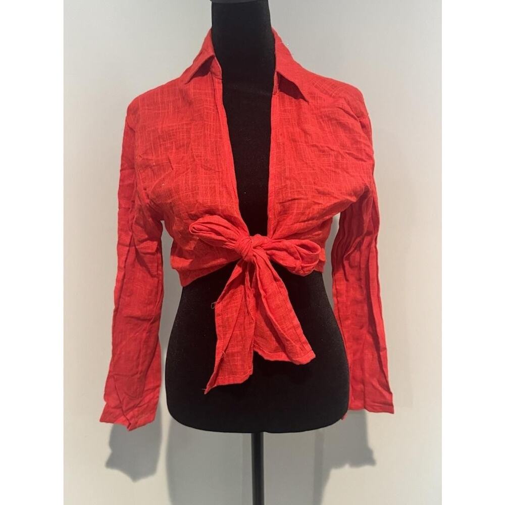 Better / Together Blouse Womens XS Red Cropped Tie Front Collared Long Sleeve